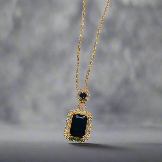 Black Stone Crystal Square Cut Pendant – Sleek & Modern Necklace (KCJ0017)
