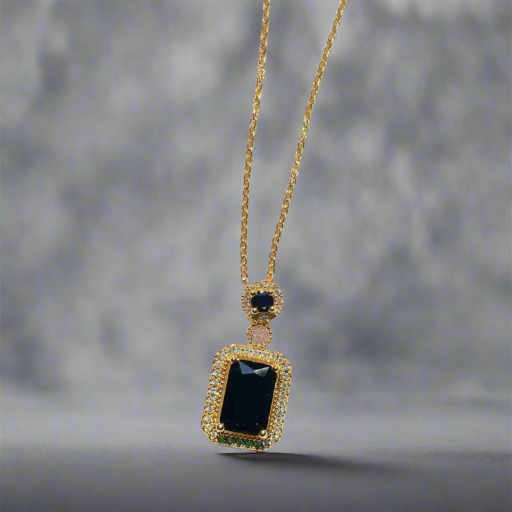 Black Stone Crystal Square Cut Pendant – Sleek & Modern Necklace (KCJ0017)