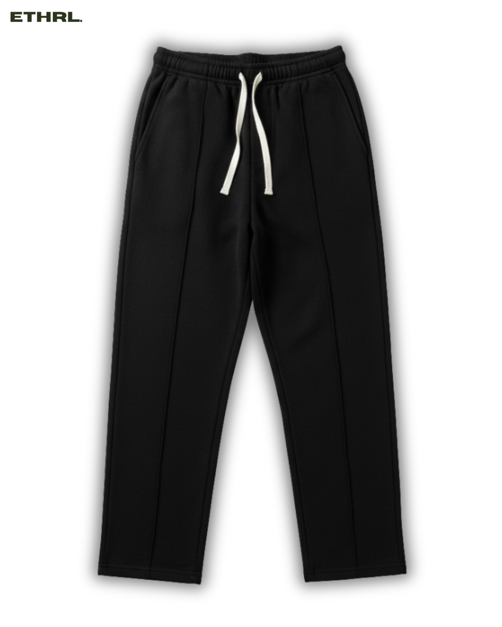 Black pants with a white drawstring on a white background, featuring the brand 'ETHRL'.