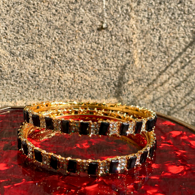 Pair Of 2.25'' Cube-Cut Black Stone Bangles – Luxury Design (KCJ0013)