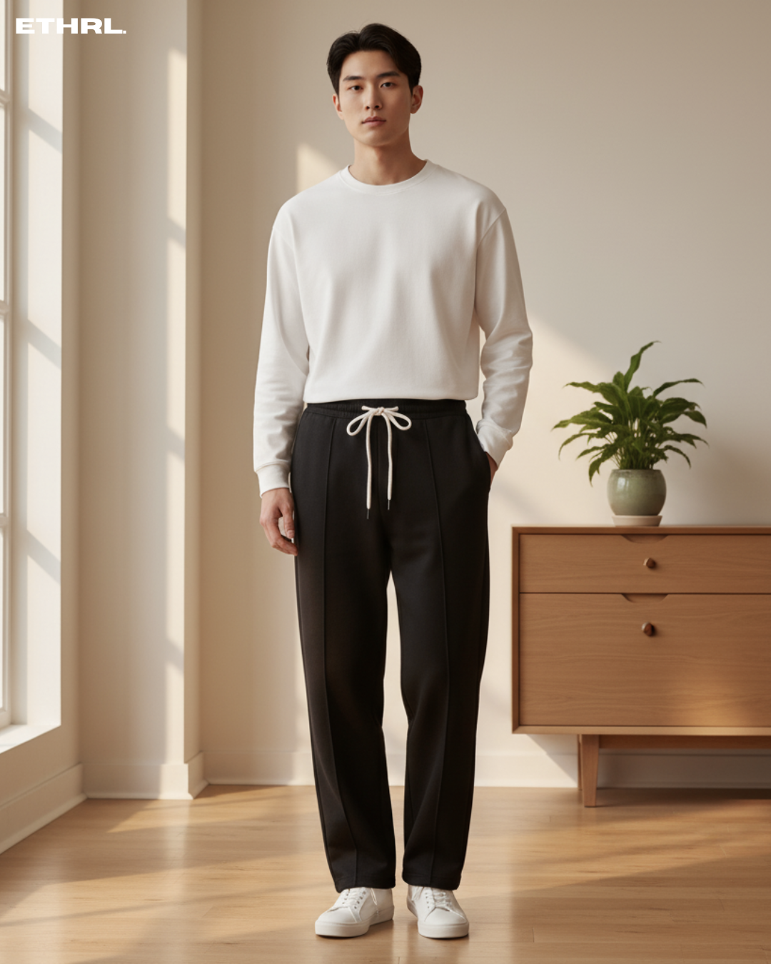 Man wearing a white sweater and black pants standing in a room with a wooden dresser and plant.