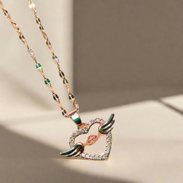 Rose Gold Angel Wings Heart Pendant | Unique and Elegant Jewelry (KCJ0025)