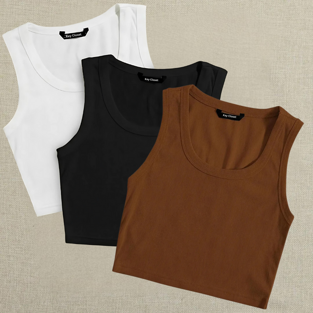 Pack of 3 White, Black & Brown Tank Tops