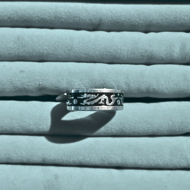 Black Titanium and Sterling Silver Tribal Dragon Ring for Men (KCJ0042)