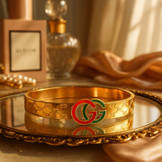 Gucci GG Logo Gold Bangle Bracelet – Red & Green Enamel Emblem