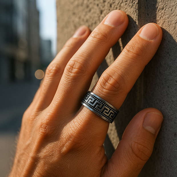 Men’s Stainless Steel Greek Versace Ring – Black & Silver Meander Design