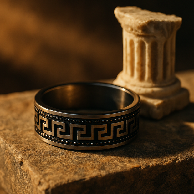 Men’s Stainless Steel Greek Versace Ring – Black & Silver Meander Design