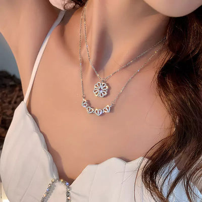 Silver Retro Magnetic Folding Heart-Shaped Four-leaf Clover Pendant (KCJ0018)