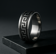 Men’s Stainless Steel Greek Versace Ring – Black & Silver Meander Design