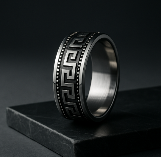 Men’s Stainless Steel Greek Versace Ring – Black & Silver Meander Design